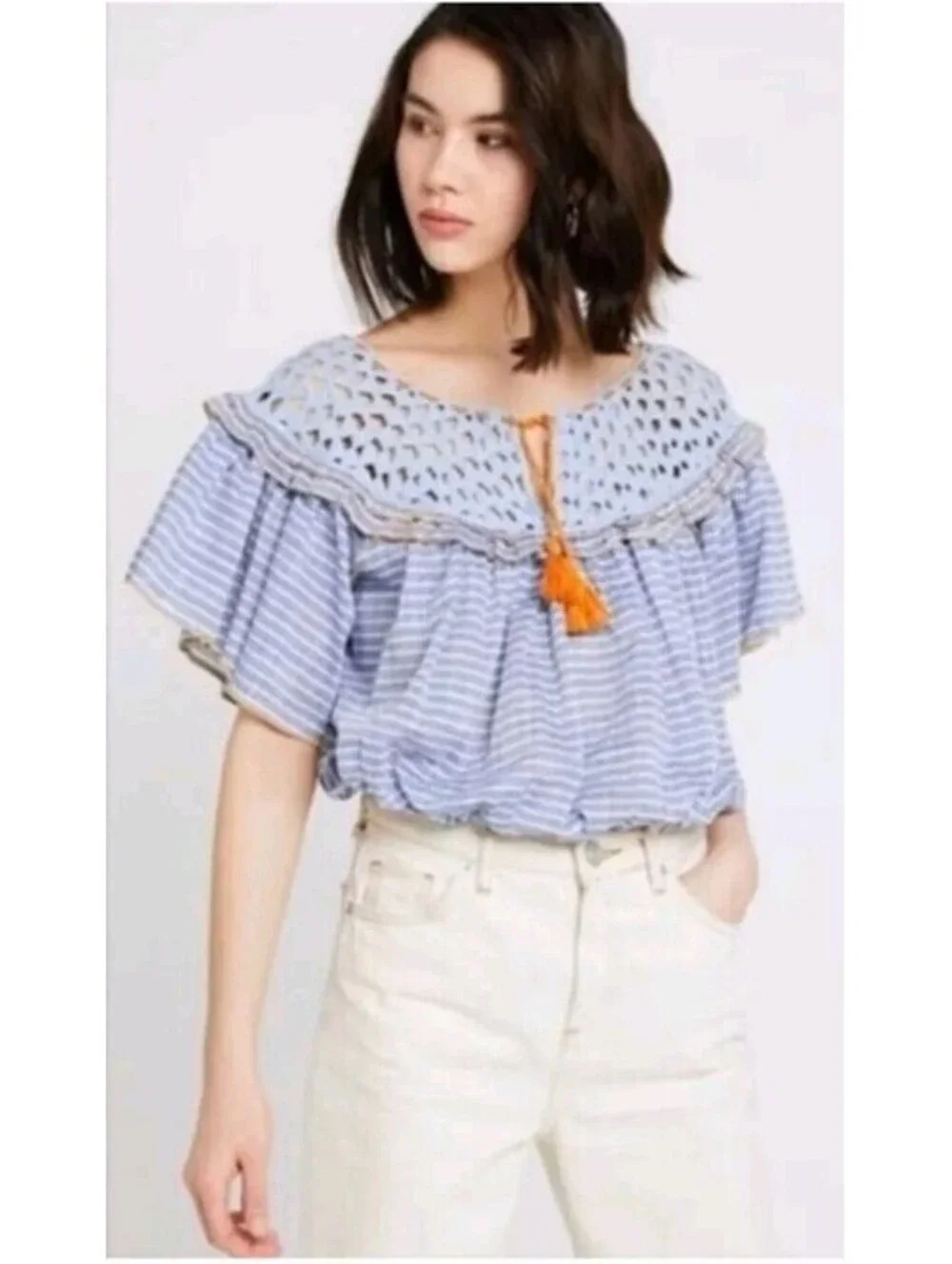 Free People Medium Allora Blue Striped Ruffle Sleeve Crochet Cropped Shirt
